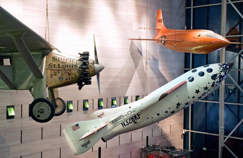 SpaceShipOne hanging next to the Spirit of St. Louis and the Bell X-1 at the Smithsonian National Air and Space Museum in Washington, D.C.